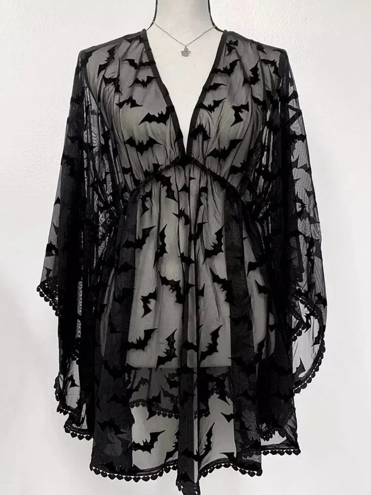 Grunge Aesthetic See Through Black Goth Lace EGirls Chiffon Graphic Bat Night Club Dress
