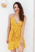 Yellow V-neck Belted Polka Dot Ruffled Dress - Mislish