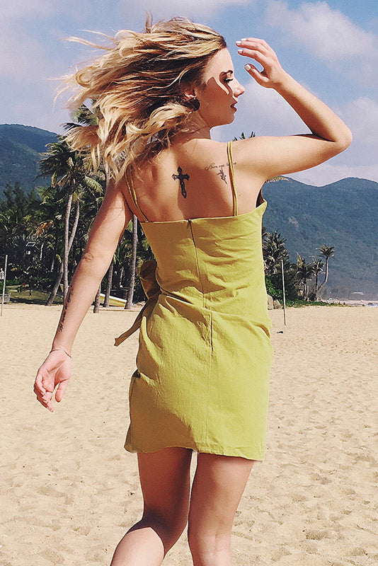 Yellow Bowknot Front Asymmetrical Hem Short Dress