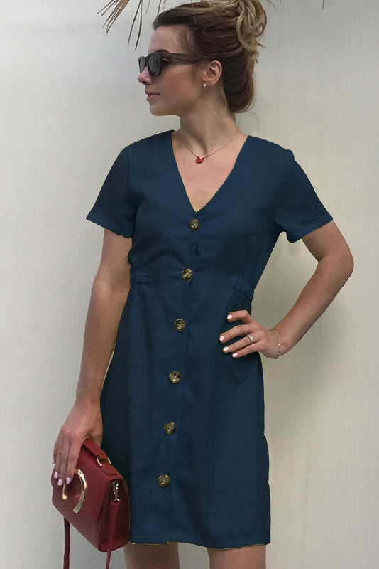 Yellow V Neck Single Breasted Dress With Short Sleeves - Mislish