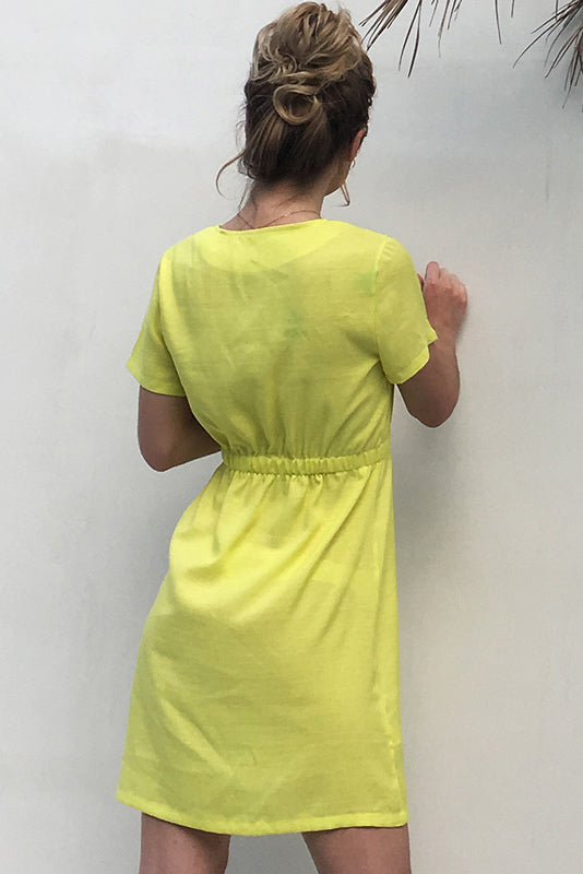 Yellow V Neck Single Breasted Dress With Short Sleeves