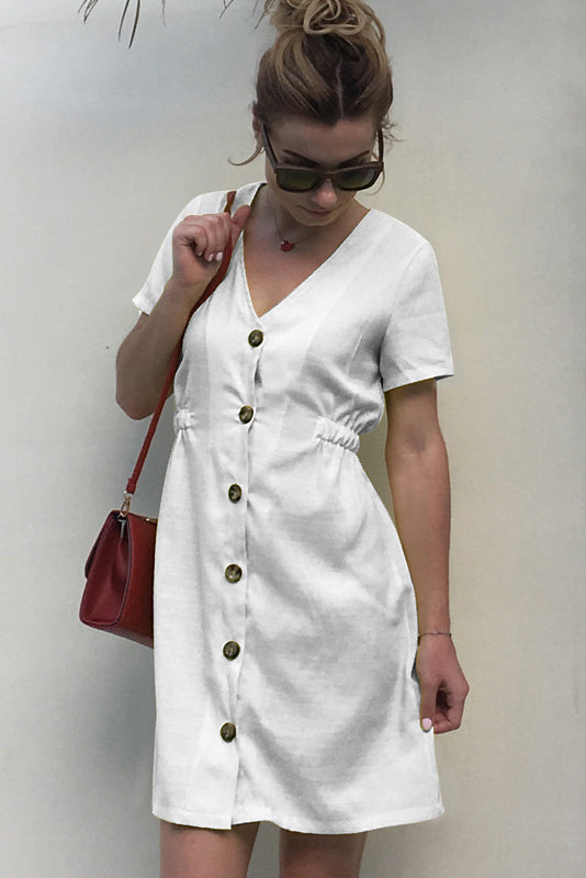 Yellow V Neck Single Breasted Dress With Short Sleeves - Mislish