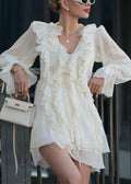 Ruffled V Neck Long Sleeve A Line Dress