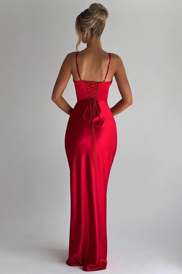 VNeck Bone Structure Satin Backless Silk Dress