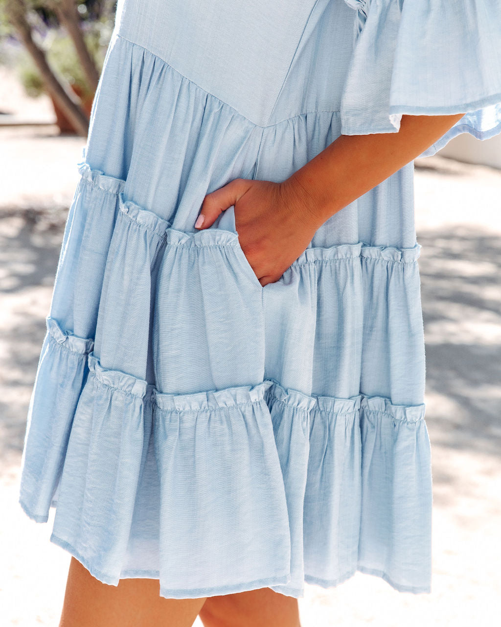 Alicia Pocketed Ruffle Tiered Babydoll Dress Light Blue
