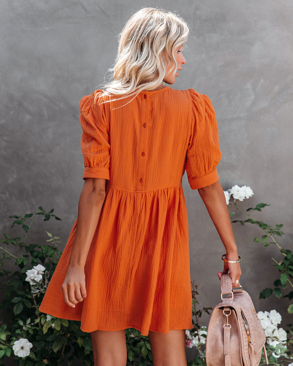 Amber Cotton Pocketed Puff Sleeve Dress Orange