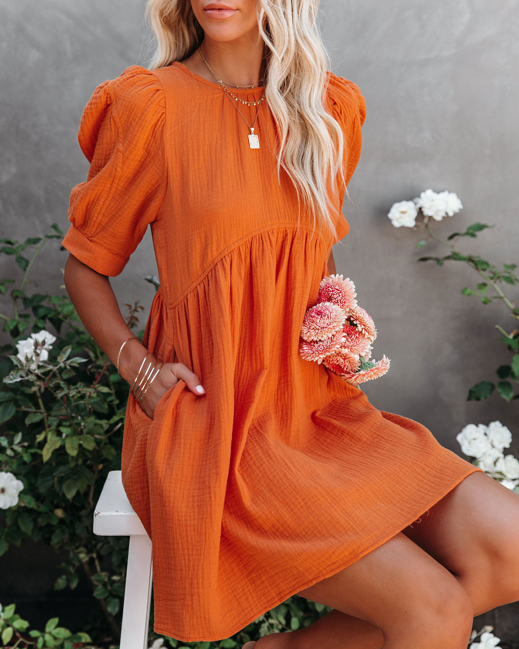 Amber Cotton Pocketed Puff Sleeve Dress Orange