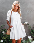 Amber Cotton Pocketed Puff Sleeve Dress White