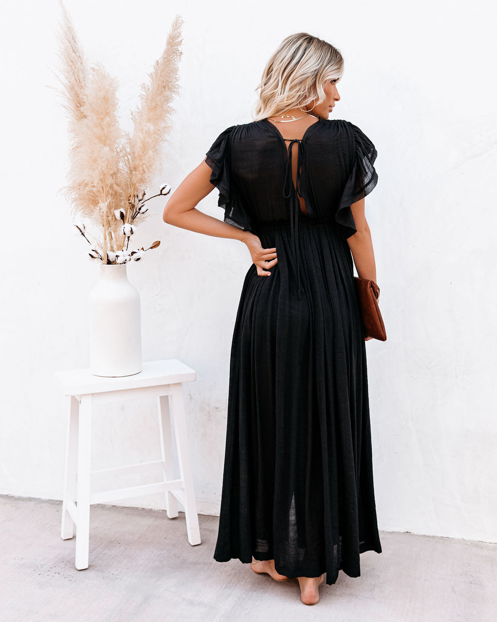 Anika Pocketed Button Down Ruffle Maxi Dress Black