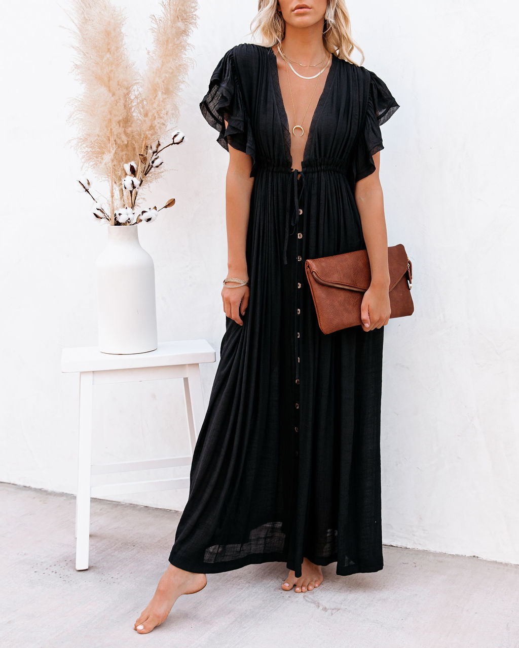 Anika Pocketed Button Down Ruffle Maxi Dress Black