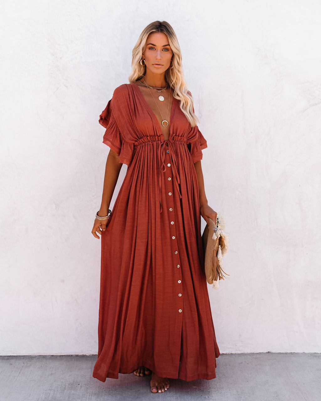 Anika Pocketed Button Down Ruffle Maxi Dress Terracotta