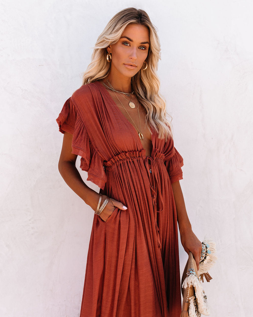 Anika Pocketed Button Down Ruffle Maxi Dress Terracotta