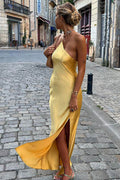 Asymmetrical One Shoulder Backless Satin Sleeveless Midi Dress Muted Yellow