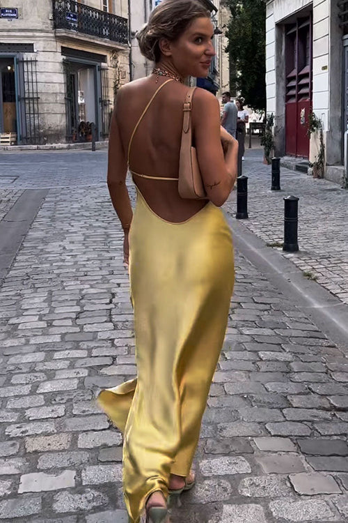 Asymmetrical One Shoulder Backless Satin Sleeveless Midi Dress Muted Yellow