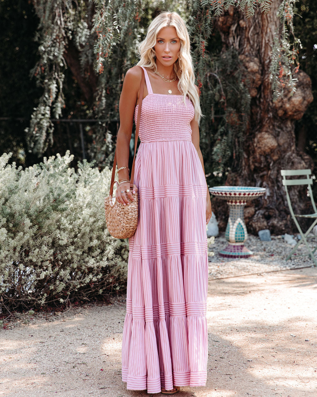 At Sea Cotton Blend Smocked Maxi Dress Pink