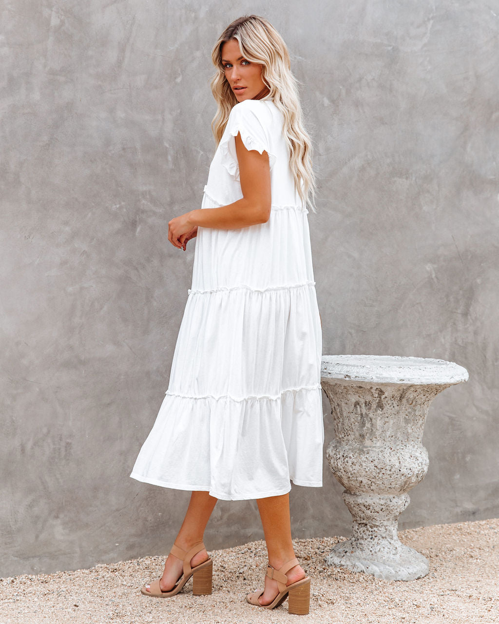 Avalon Cotton Ruffle Tiered Midi Dress White