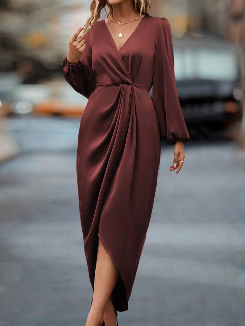 Elegant Red Draped V Neck Midi Dress