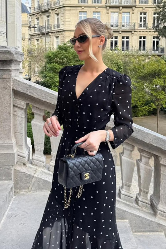 Polka Dot Print VNeck Long Sleeve Maxi Dress
