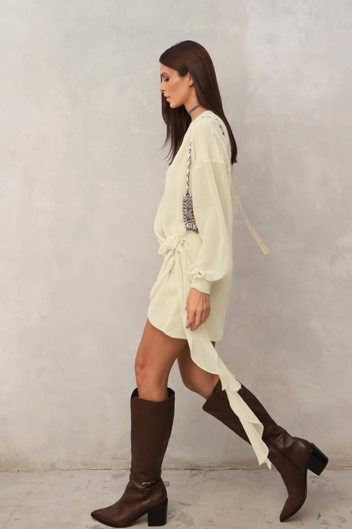 Beige V Neck Wrap Mini Dress