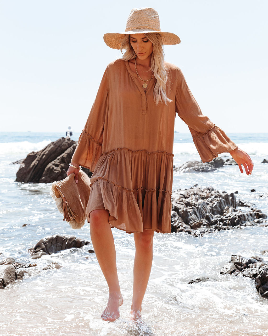 Barefoot On The Beach Pocketed Tiered Tunic Caramel