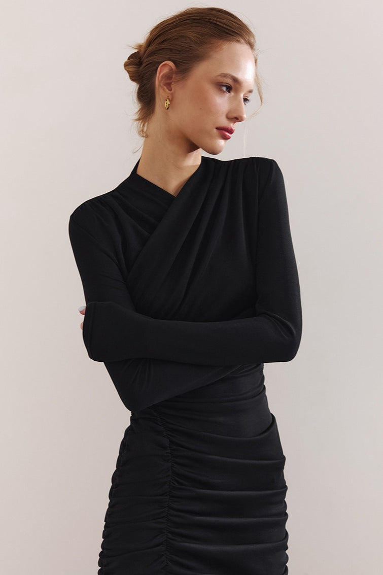 Ruched V Neck Long Sleeve Maxi Dress