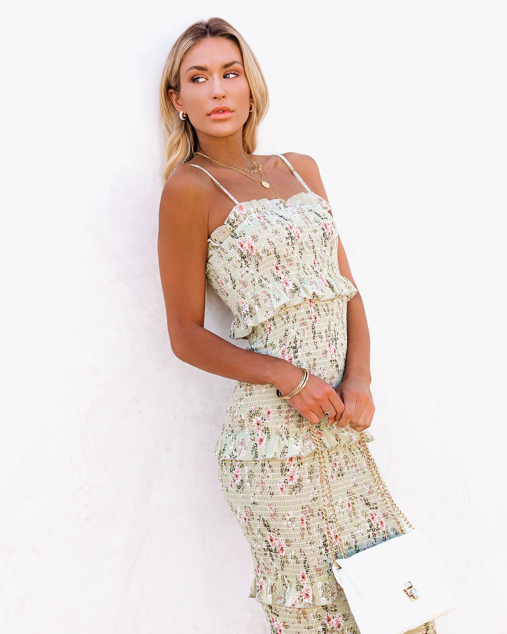 Be My Guest Floral Smocked Ruffle Midi Dress Sage