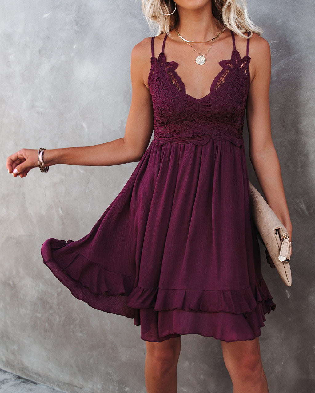Of My Love Pocketed Lace Ruffle Dress Plum