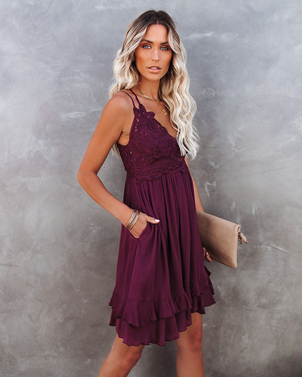 Of My Love Pocketed Lace Ruffle Dress Plum