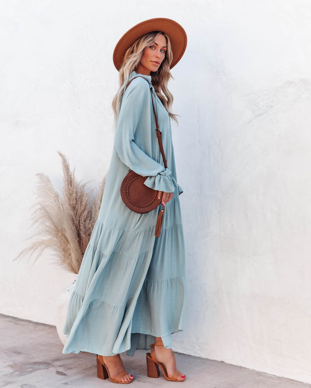 Bowdan Tiered Boho Maxi Dress Soft Blue