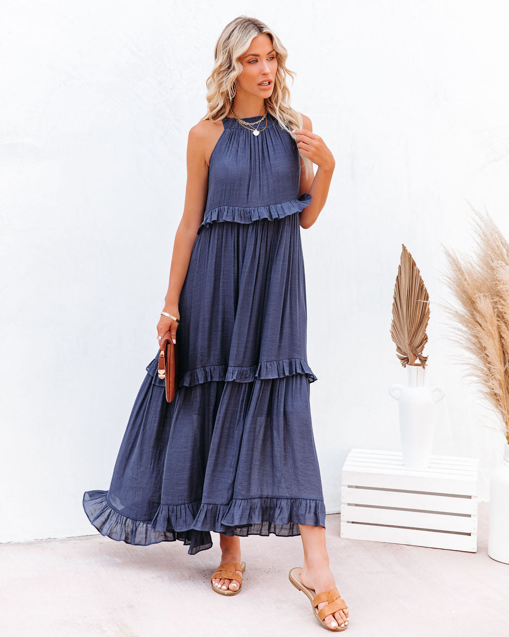 Brave Soul Pocketed Halter Maxi Dress Navy