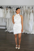 High Draped Style Neckline Wedding Dress Satin Bow Court Bridal Gown Train Dress Vestido De Novia Simple Skirt
