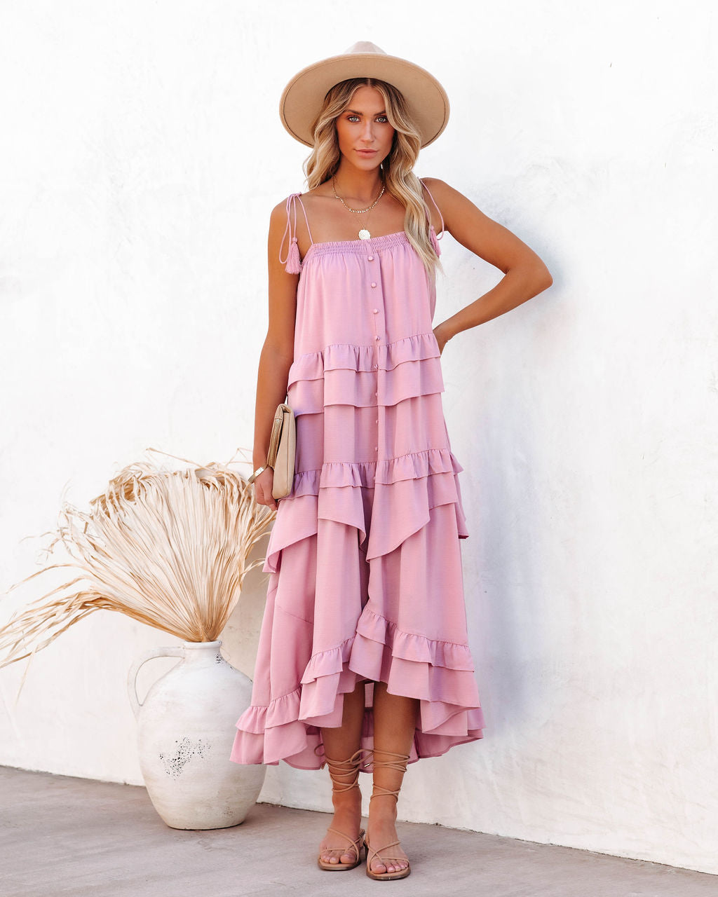 Brisbane Tiered Tassel Midi Dress Mauve
