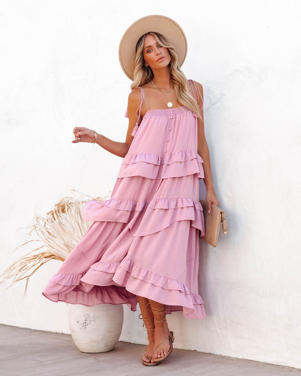 Brisbane Tiered Tassel Midi Dress Mauve