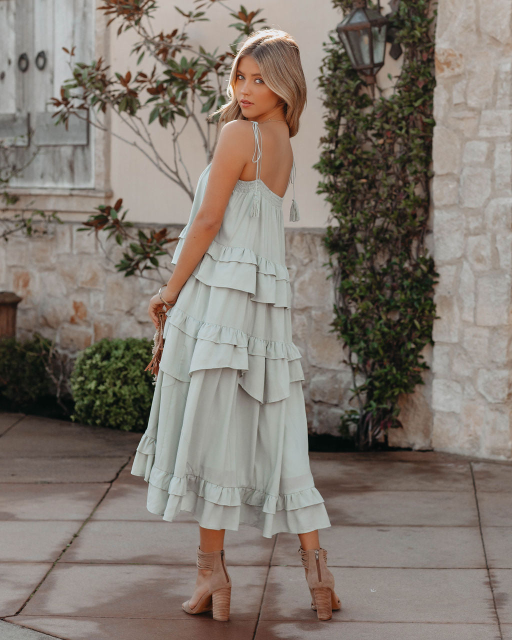 Brisbane Tiered Tassel Midi Dress Sage