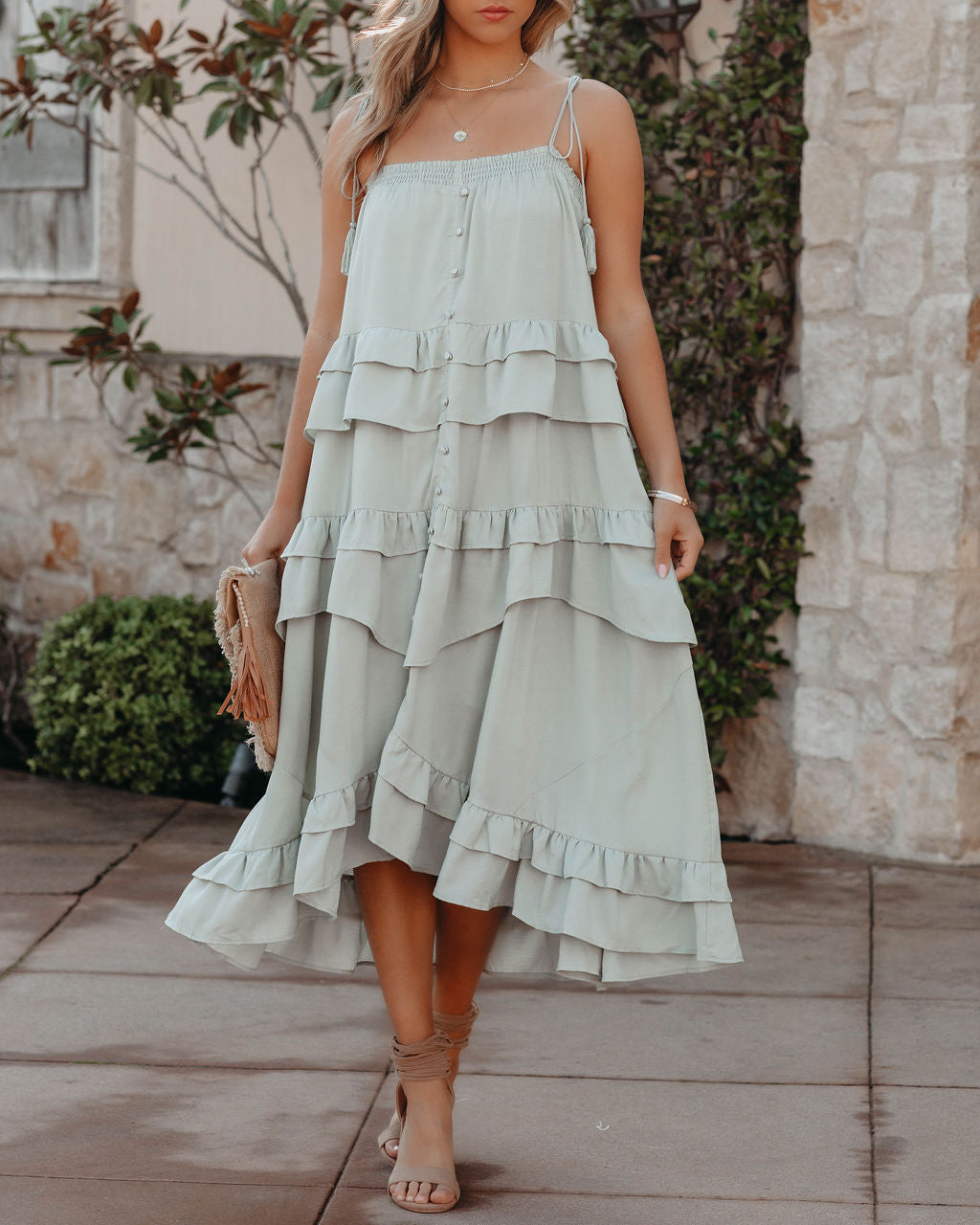 Brisbane Tiered Tassel Midi Dress Sage
