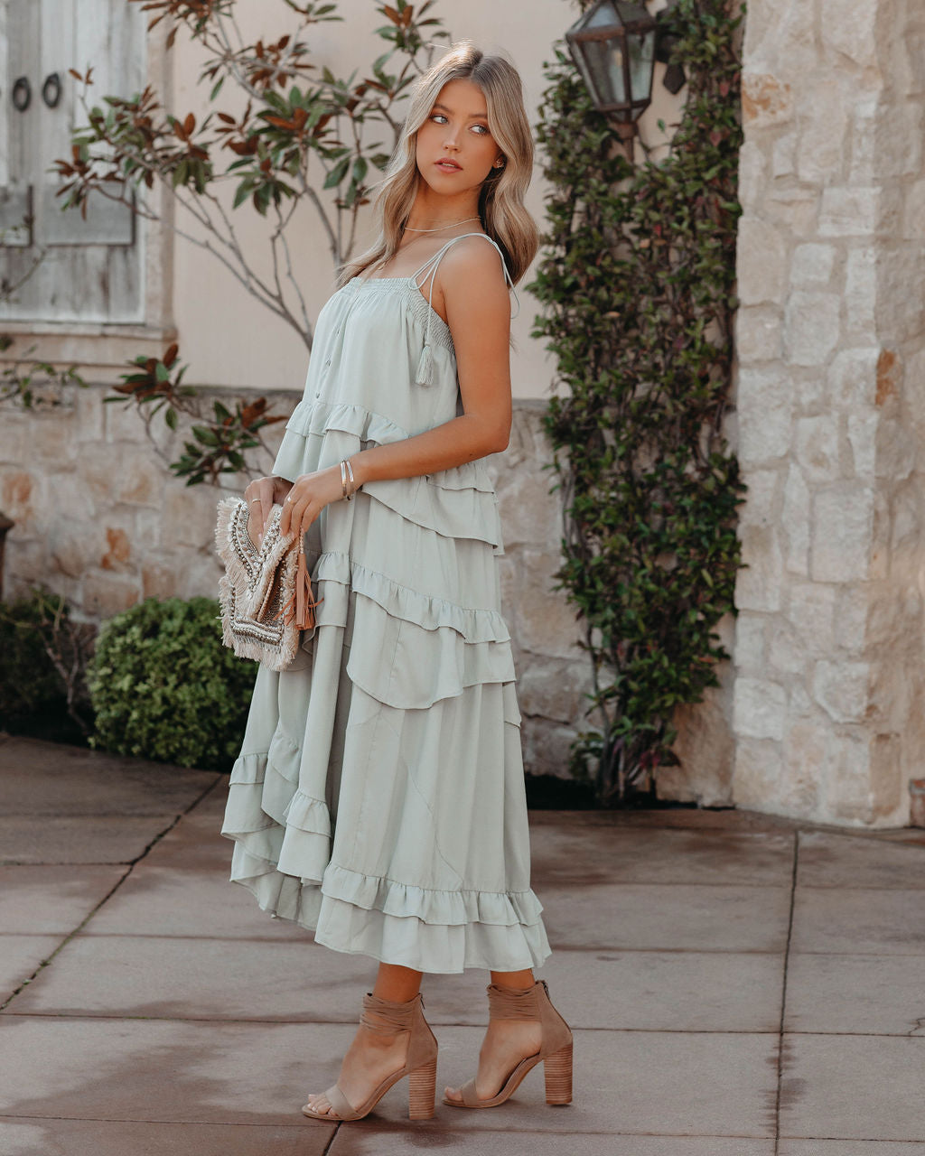 Brisbane Tiered Tassel Midi Dress Sage