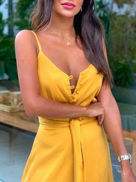 Buttoned V neck Stitching Strap Dress