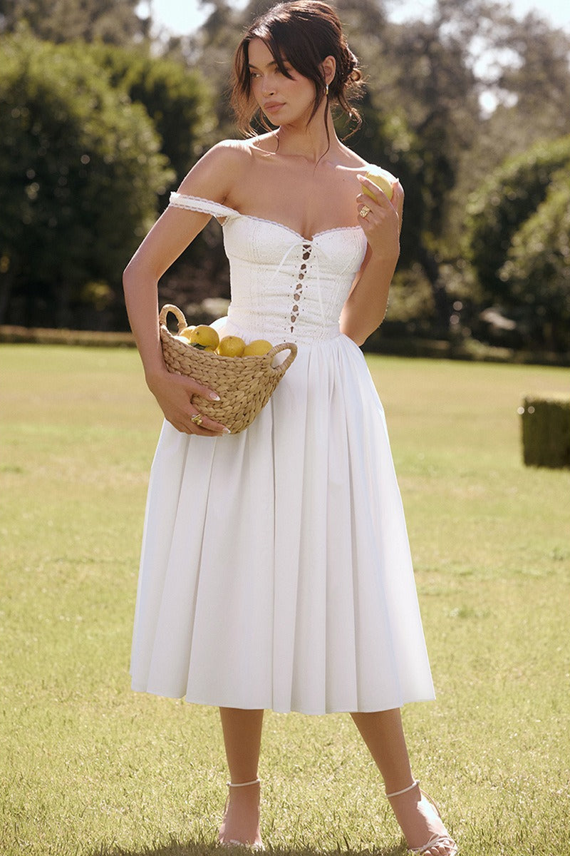 White Lace Spaghetti Strap Midi Dress