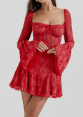 Self Tie Lace Long Sleeve Dress Vibrant Red