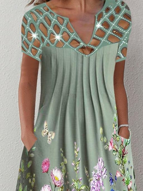 Casual Printed Floral Cutout V Neck Dress
