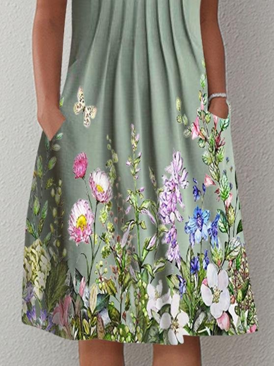 Casual Printed Floral Cutout V Neck Dress