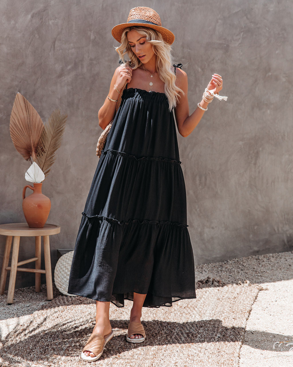 Catch The Sun Tiered Midi Dress Black