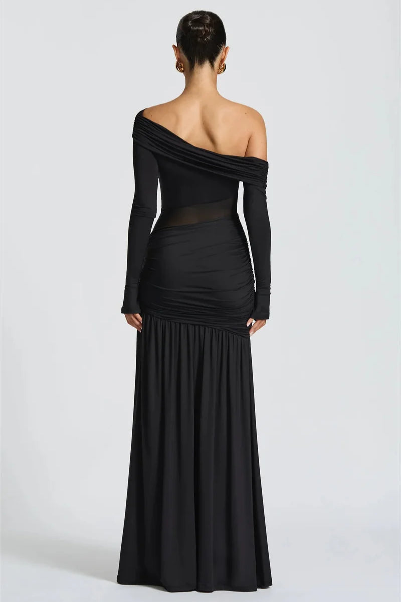 Off Shoulder Long Sleeve Backless Thigh Split Maxi Dress