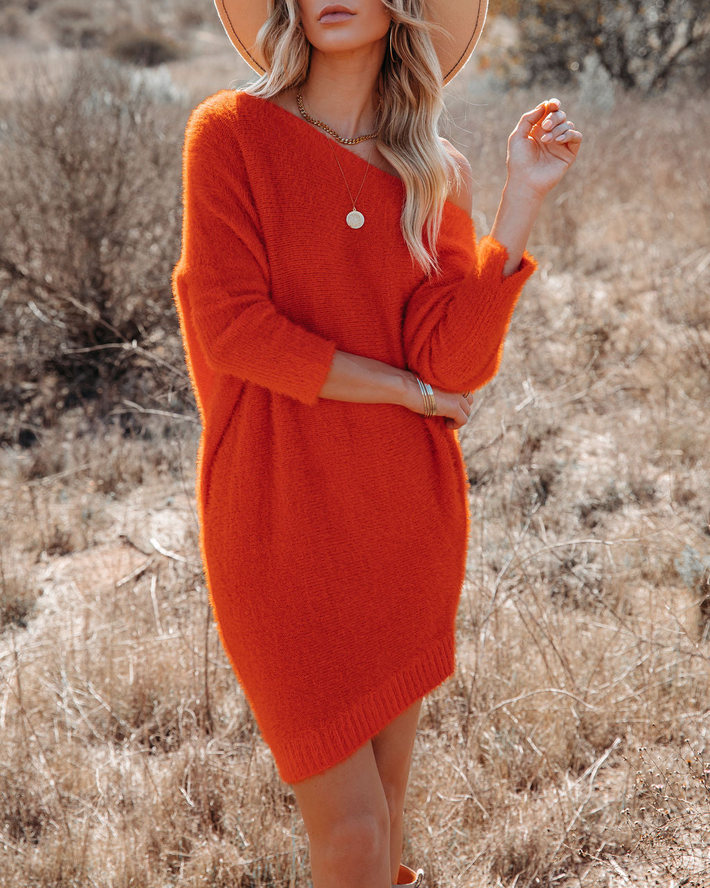 Cecelia Asymmetrical Knit Sweater Dress Red Orange FINAL