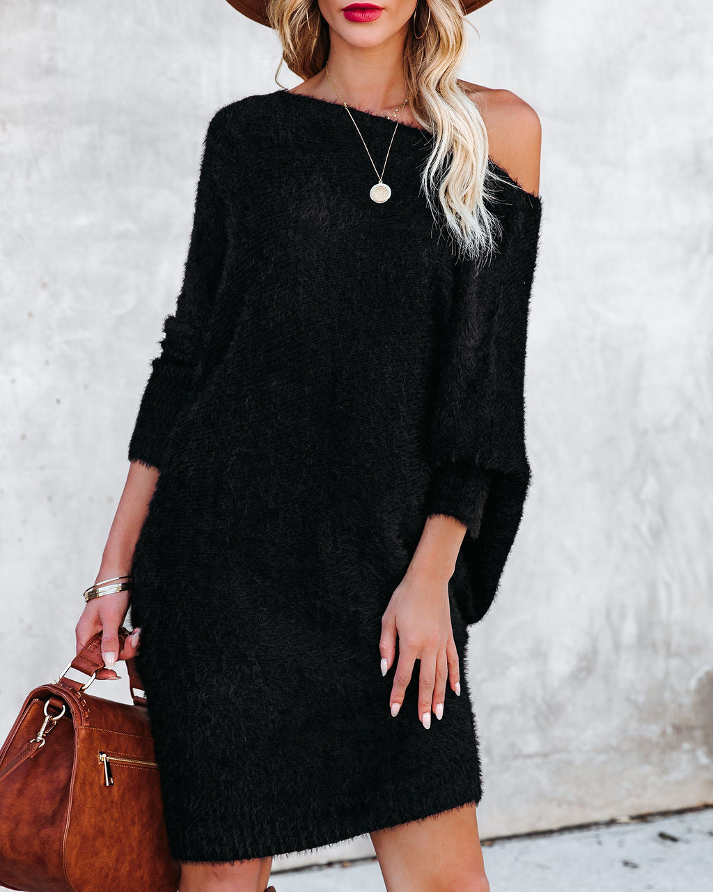 Cecelia Asymmetrical Knit Sweater Dress Black FINAL