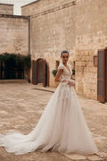 Charming Backless Wedding Dress For Women V-neck Sparkly 3D Flower Court Train Sequined Vestido De Noiva Customized