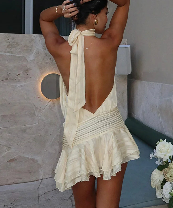 Solid Ruffle LaceUp Backless Mini Dress