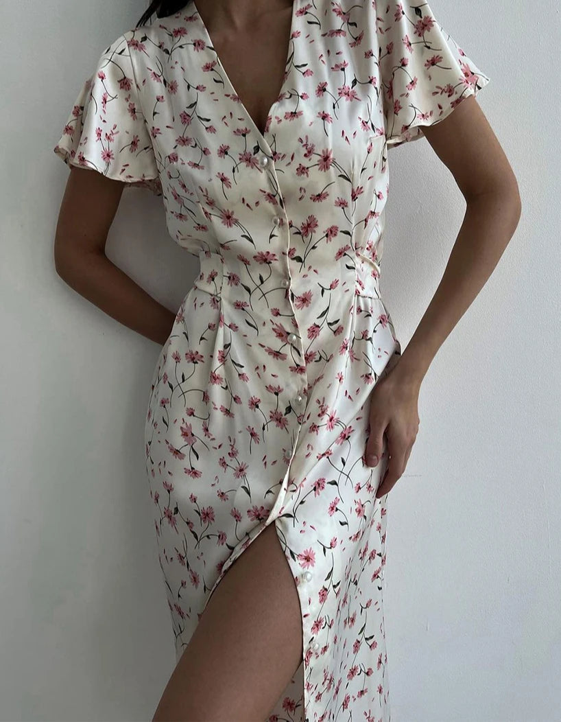 Vneck Short Sleeve Midi Floral Dress
