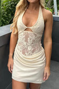 Lace Patchwork Halter Mini Dress