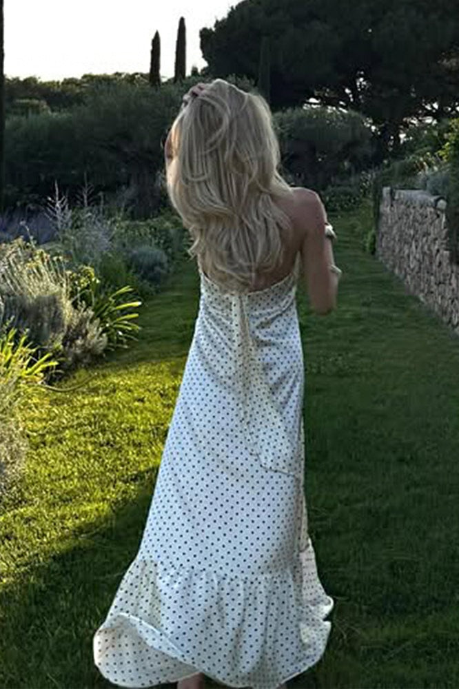 French Style Polka Dot Satin Backless Silk Dress